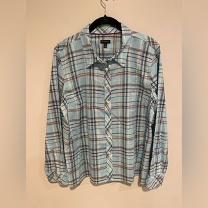Talbots Long Sleeve Button Up Blue Plaid Womens Size L 100% Cotton Career Summer